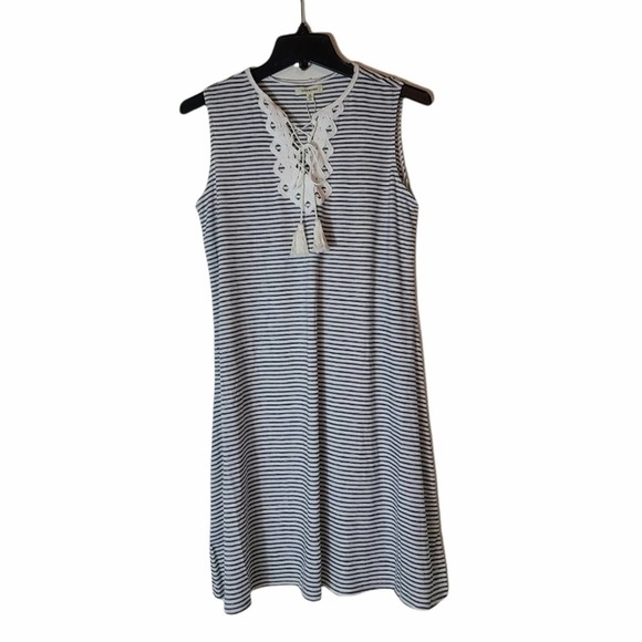 Max Studio Navy White Striped Sleeveless Tassel Lace Mini Dress XS NWT - Picture 6 of 8